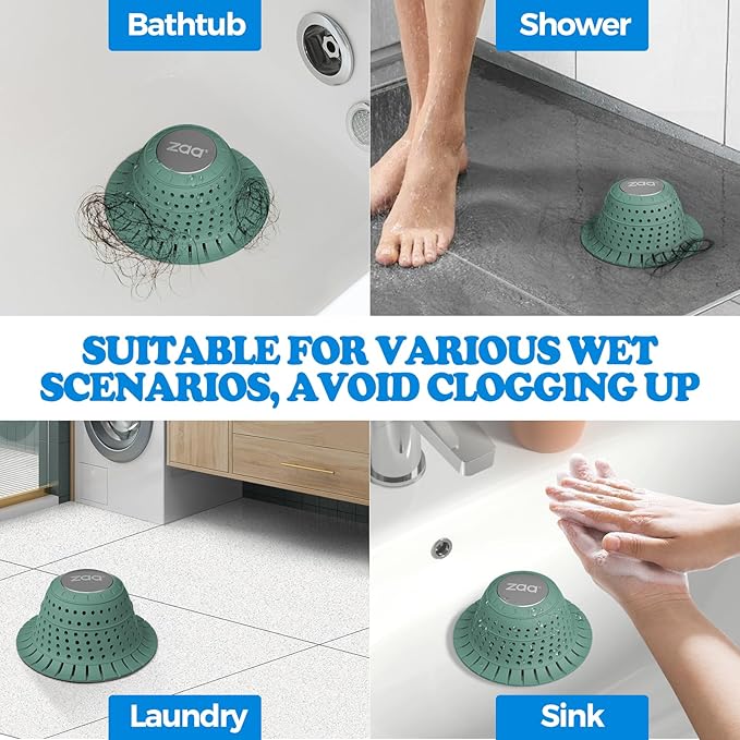 zaa Bathtub Drain Hair Catcher Green Silicone Collapsible Drain Protector for Pop-Up and Regular Drains of Shower Bathtub Tub Bathroom Sink