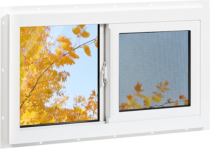 Vinyl Basement Window, 24" x 16" Bathroom Sliding Window with Double Pane Insulated Tempered Glass and Fiberglass Screen for Basement, Bathroom, Shed (White)