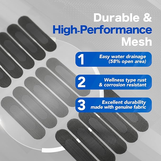 Window Weep Hole Screen Patch, Black Polyester Mesh — Strong Adhesive, Quick Drainage, Durable Fine Mesh Cover (2.6" x 0.63", 20 Piece)