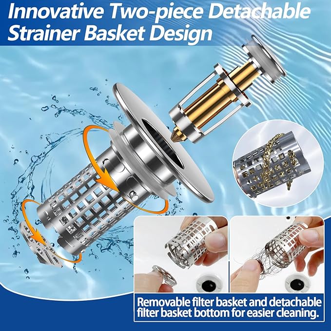 Bathroom Sink Drain Strainer, Stainless Steel Pop-up Strainer Basket Hair Catcher with Removable Basket, Brass Bullet Core, Universal Fit 1.1-2.36 Inch (4PCS)