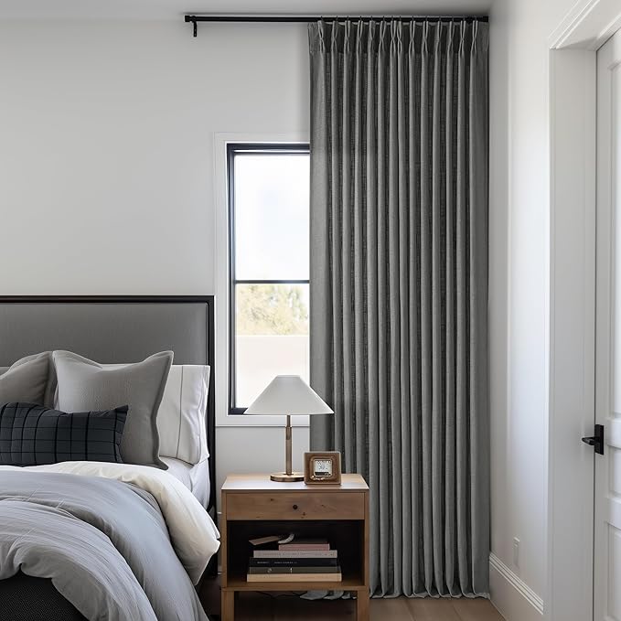 Charcoal Grey Pinch Pleated Linen Curtains 90 Inches Long for Living Room Bedroom 2 Panels Light Filtering Pinch Pleat Hooks Rings Back Tab Dark Grey Modern Farmhouse 90 Inch Window Curtain Drapes