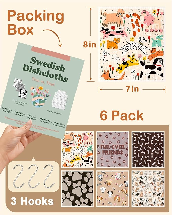 Miss Adola Kitchen Swedish Dishcloths with Hooks - 6 Pack Reusable Dish Cloths for Washing Dishes Fast Drying Cute Fun Swedish Dish Towels Washable Cleaning Sponge, Furry Dog