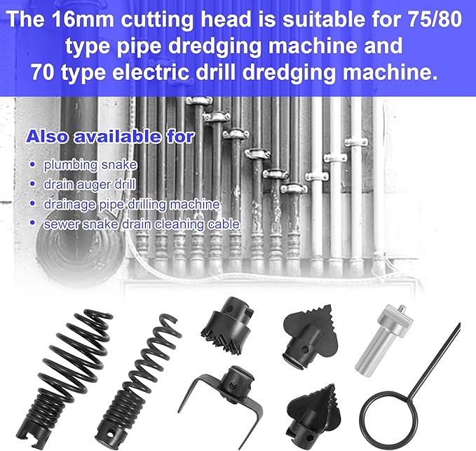 16mm Drain Cleaner Combination Cutter Head Set is drain auger drill attachment & drain snake drill attachment，Relioky 8pcs drain cleaning drum machine tool set for pipe drain cleaner machine,black