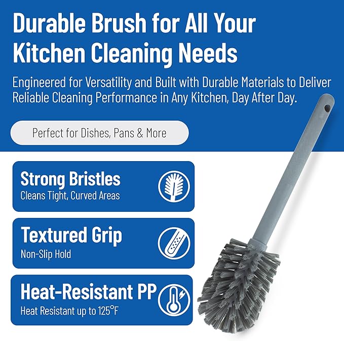 SPARTA Large Water Bottle Brush Ideal for Wide-Mouth Jars, Bottles and Tumblers, Dishwashing Tool with Handle for Home and Commercial Kitchens, Plastic, 12 Inches, Gray, (Pack of 6)