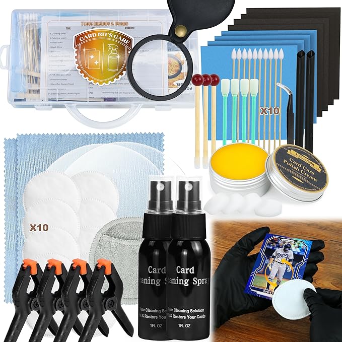 17-in-1 Card Cleaning Kit, Card Care Polishing Restoration with Plastic Case, Trading Card Cleaning with Polishing Cream and Cleaning Spray, Suitable for PSA Rated Card Care & Flatten Edges (12.2")