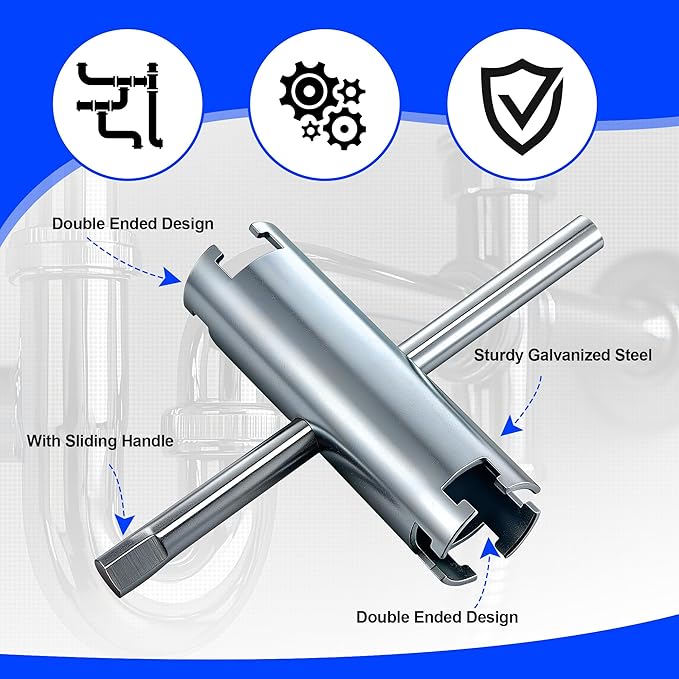Feekoon 3 Way Sink Strainer Wrench, Basket Strainer Wrench with Sliding Handle, Multifunction Plumber's Tool Fits 1-3/4", 2", 2-1/2" Nuts for Installing and Locking Sink Nuts