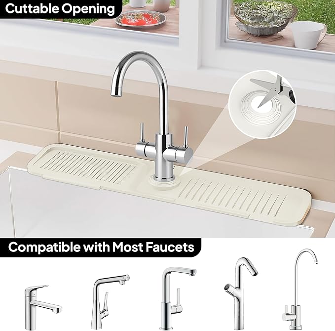 24 Inch Silicone Faucet Mat for Kitchen Sink Splash Guard & Draining Tray Sink Protector with Soap & Sponge Holder White (Purest Peak)