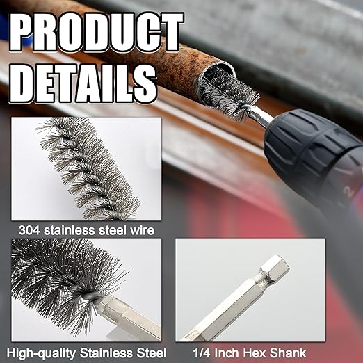 Wire Brush for Drill 10Pcs, Bore Brush Set 10 Size, Drill Brush, Wire Brushes for Cleaning, Drill Brush Attachments with 1/4" Hex Shank and Twisted Stainless Steel Bristles for Power Drill
