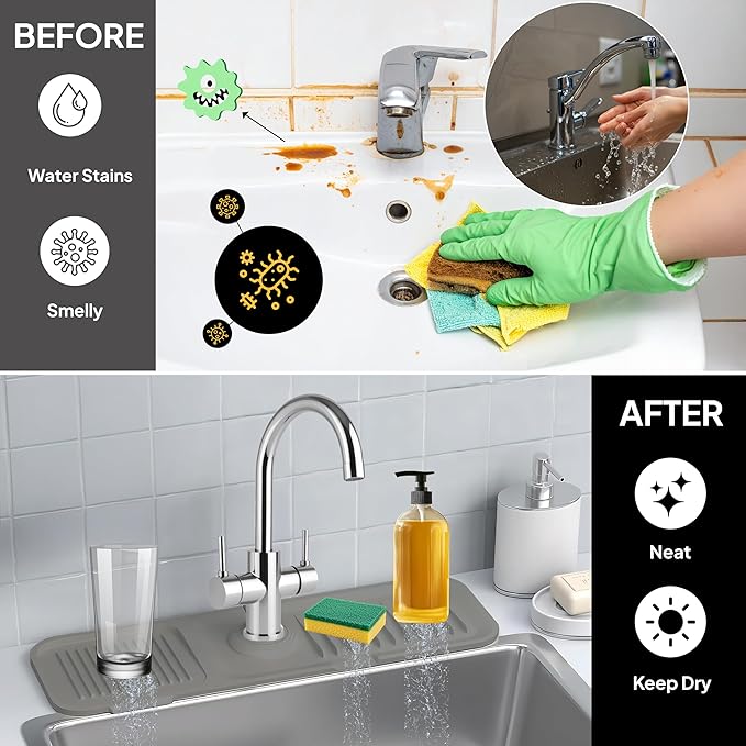 17 Inch Silicone Faucet Mat for Kitchen Sink Splash Guard & Draining Tray Sink Protector with Soap & Sponge Holder Grey (Purest Peak)