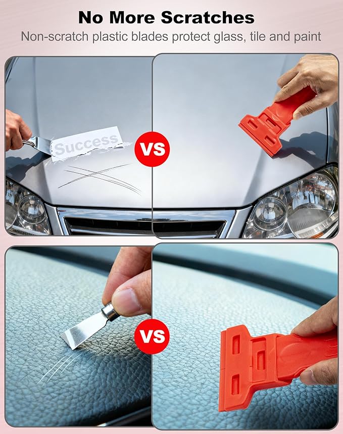 Dual-Width Plastic Razor Blade Scraper Tool Non Scratch - 2-Pack With 100 Blades, Single Or Double Wide Head, Removes Stickers, Labels, Decals, Adhesive & Paint On Glass, Cooktops, Car Windows & Tiles