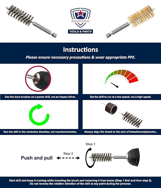 16-PC Bore Brush Set [8-Size X 2 Sets] Stainless-Steel and Brass Wire Brushes for Power Drill, Metal Brush, Cleaning Tool, 1(1/8), 1.0, 7/8, 3/4, 5/8, 1/2, 3/8, 1/4-inch Diameter, w/ 1/4-in Hex Shank