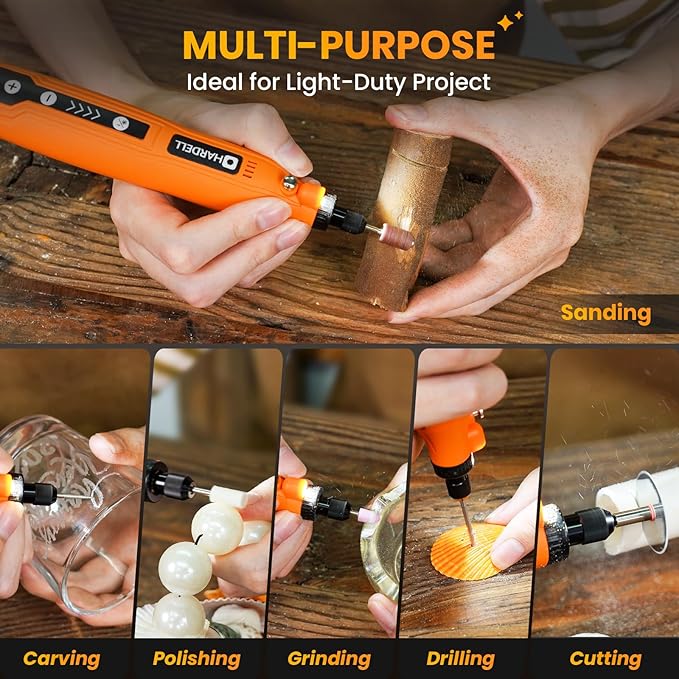 HARDELL Cordless Rotary Tool 3.7V with Universal Chuck, 5-Speed Mini Rotary Tool Kit with 71 Accessories, USB Charging, Multi-Purpose DIY Craft Tool for Sanding, Polishing, Drilling, Engraving(Orange)