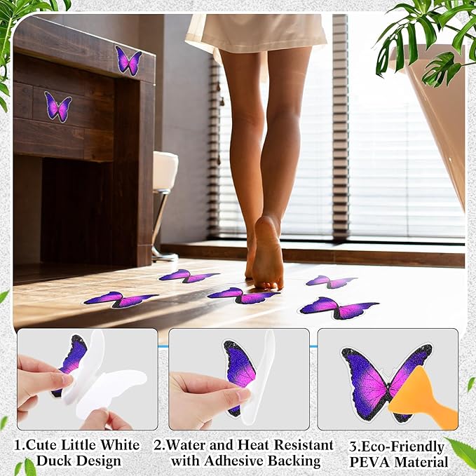 20 Pcs Non Slip Bathtub Stickers Anti Slip Shower Stickers Butterfly Anti Skid Bathtub Decals Adhesive Shower Grips Peel and Stick Treads Applique with Scraper(Purple,Butterfly)
