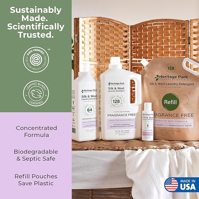 Heritage Park Silk & Wool Fragrance Free, Hypoallergenic, pH-Neutral Laundry Detergent - Dermatologist-tested, Sensitive Skin-Friendly, Enzyme-Free, Concentrated Up to 128 loads (64 fl oz)