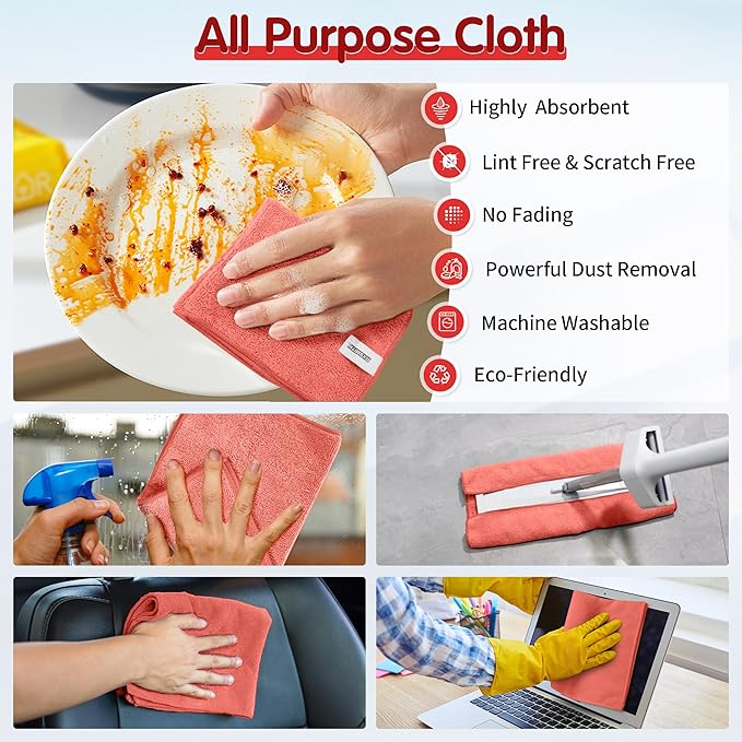 FIXSMITH Red Microfiber Cleaning Cloth -Pack of 12, Highly Absorbent Cleaning Rags, 16"X12" All Purpose Cleaning Towels for Housekeeping, Kitchen, Car, Lint Free and Reusable Microfiber Towels