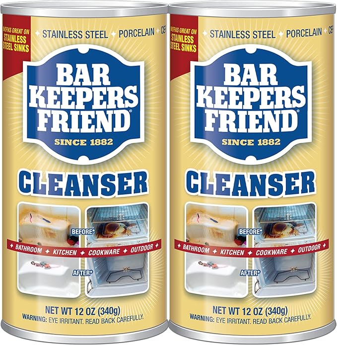 Bar Keepers Friend Powder Cleanser 12 Oz - Multipurpose Cleaner & Stain Remover - Bathroom, Kitchen & Outdoor Use - for Stainless Steel, Aluminum, Brass, Ceramic, Porcelain, Bronze and More (2 Pack)
