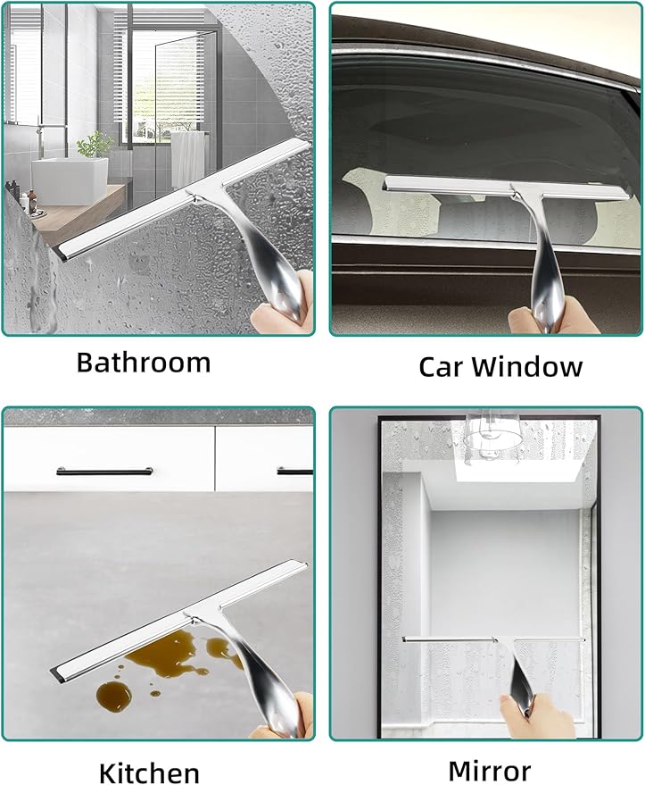 All-Purpose Stainless Steel Shower Squeegee Come with S Hook, 2 Square Sticky Hook 2 Rubber Strips Shower Squeegee for Glass Doors, Windows, Mirrors, Tiles and Car Glass -14 Inches Silver