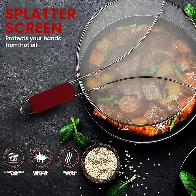 13" Grease Splatter Screen for Cooking | Stainless Steel Oil Splatter Guard and Ultra-Fine Mesh Protects Skin from Burns | TPR Tight-Grip Handle (Red)