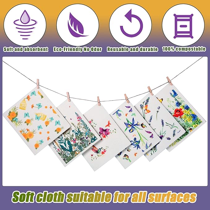 Geiserailie 6 Pieces Swedish Kitchen Dish Cloths Butterflies Wildflowers Kitchen Dish Towels Reusable Sponge Cleaning Cloths Absorbent Quick Drying Washable Wipes Hand Towel for Cleaning