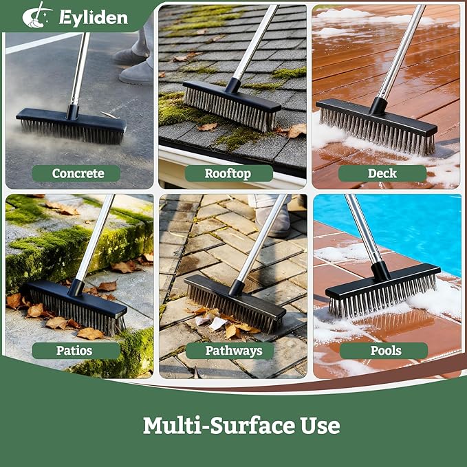 Eyliden Push Broom, Heavy Duty Moss Wire Scrub Brush with Stainless Steel Bristles, 65" Long Handle, Scrubber Brush for Deck, Floor, Concrete, Roof, Patio, Pool Outdoor Cleaning