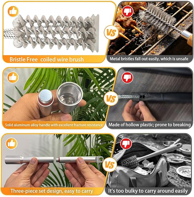 Grill Brush with Scraper Bristle Free – Stainless BBQ Grill Brush for Outdoor Grill with Removable Metal Handle, Safe Grill Accessories for Gas/Charcoal Grill - for Home, Camping, Backyard