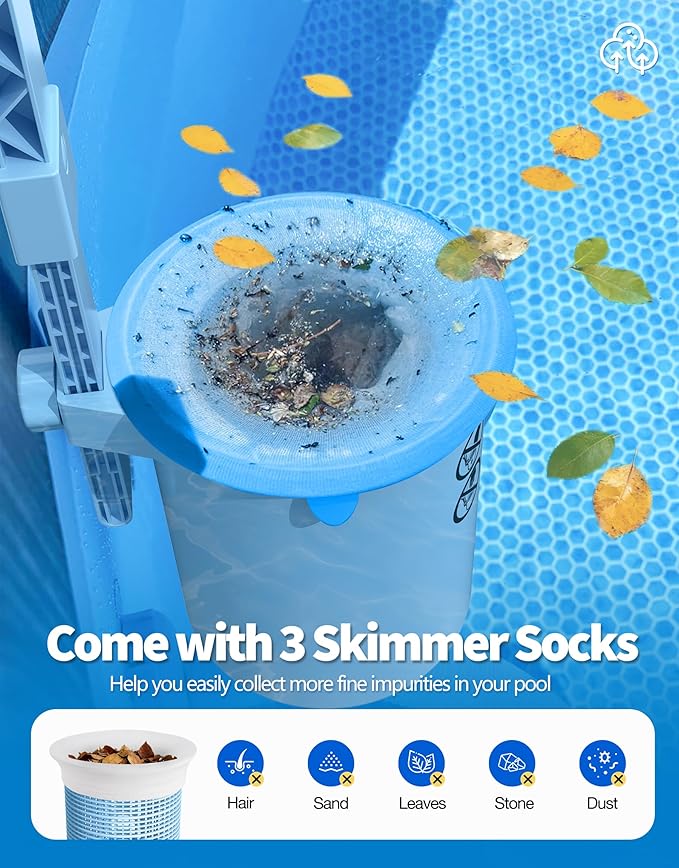 BluSwim 2026 Above Ground Pool Surface Skimmer Come with 3 Filter Socks, Enhanced Structure & Thickened Brackets Wall Mount Pool Skimmer, Floating Top Skimmers - Auto Skimming Surface Debris - Blue