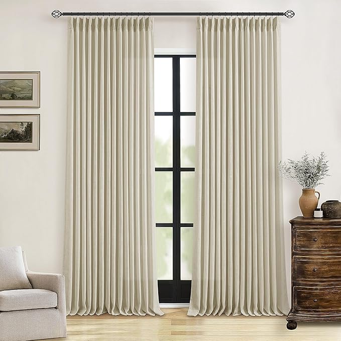 90 Inch Linen Pinch Pleated Curtains 2 Panels for Living Room Bedroom Memory Training Shaped Semi Sheer Beige Light Tan Pinch Pleat Drapes with Hooks Rings Light Filtering Window Curtain 40x90