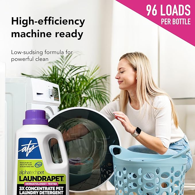 LaundraPet 3X Strength Premium Laundry Detergent with Enzyme Cleaner - 64 Oz (96 Washes) Pet Stain and Odor Eliminator, Enzymatic Detergent by Alpha Tech Pet