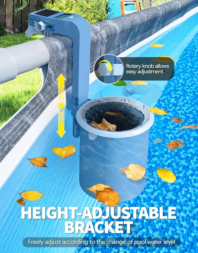 BluSwim Above Ground Pool Skimmer with Solar Digital Thermometer | Wall Mount Surface Skimmer - Auto Skimming Pool Floating Debris | 2 Upgraded Bracket - Stable&Height Adjustable-Steel Blue