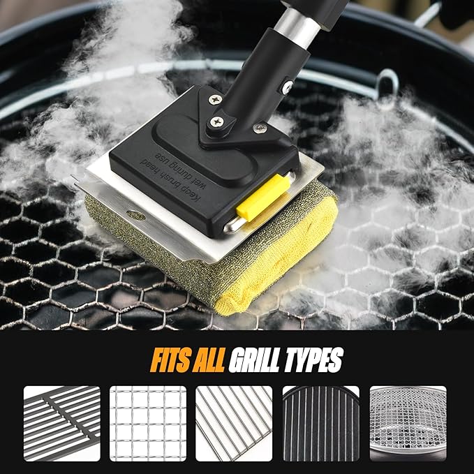 Folding Bristle Free Outdoor Grill Brush for BBQ Collapsible Design for Easy Storage Heavy Duty with Scraber & 3 Sponge Steam Brush Head Grill Cleaning Tool for Camping Tailgating Indoor Daddy Gift