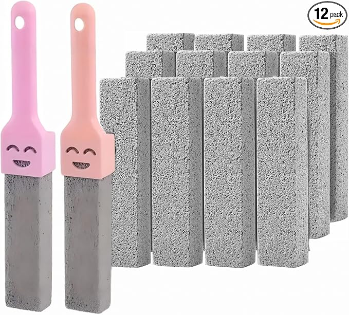 12 Pack Pumice Cleaning Stones with 2 Handle, Heavy Duty Toilet Bowl Cleaners, Hard Water Stain & Ring Remover for Bathroom, Pool Tile, Sink, and Kitchen