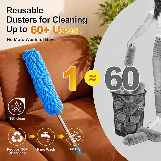 Tiumso 5-in-1 Microfiber Duster Kit with 100” Extension Pole – Reinforced Stainless Steel Telescopic Handle for High Ceiling Fans, Cobwebs & Vents – Multi-Head Dusters for Cleaning with Anti-Spin Pole