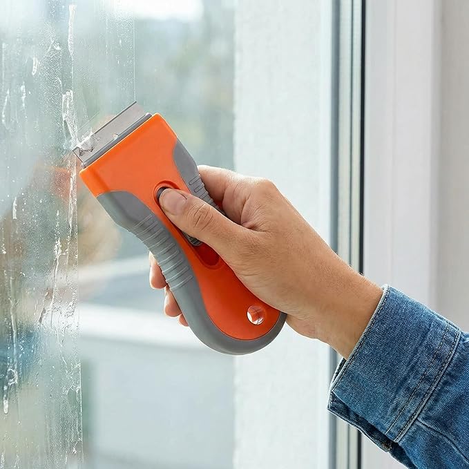 Razor Blade Scraper Tool 2 Pack with 20 Extra Blades - Retractable Glass Scraper with Safety Lock and Non-Slip Grip for Removing Stickers Labels Paint Caulk from Windows Cooktop Glass Floors Surfaces