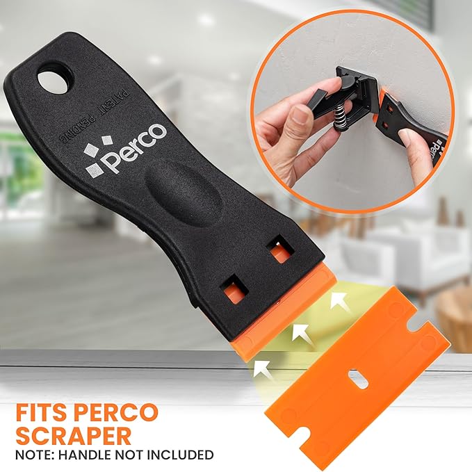Perco Plastic Scraper Blade Refills - Durable, Rust-Free Double-Edged 1.5" Non-Scratch Razor Blades for Decals, Adhesives, Vinyl & More – Ideal for Cars, Glass & Delicate Surfaces - 10 Blades Per Box