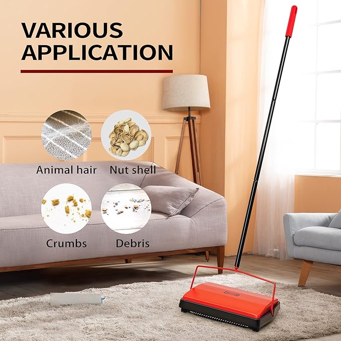 JEHONN Carpet Floor Sweeper Manual with Horsehair, Non Electric Quite Rug Roller Brush Push for Cleaning Pet Hair, Loose Debris, Lint (Red)