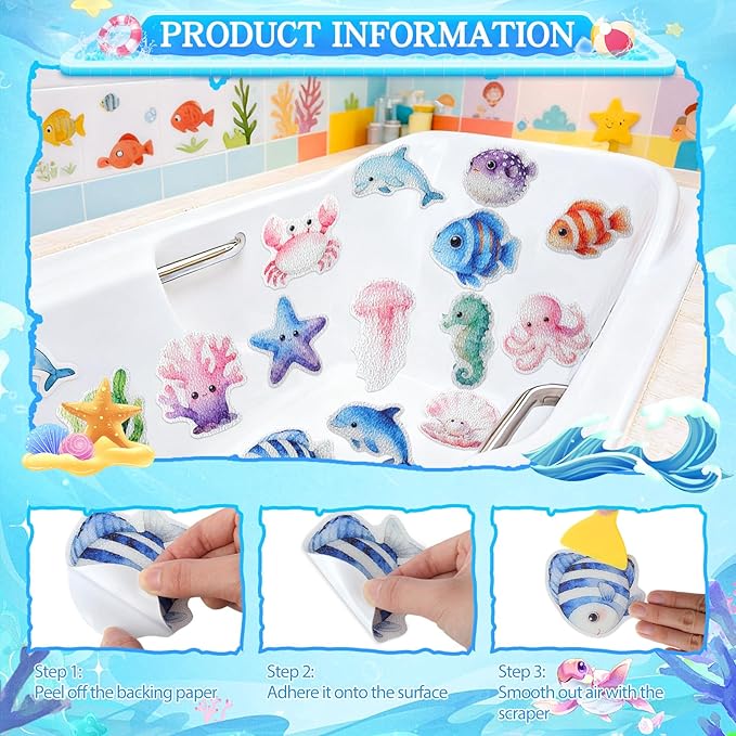 32 Pcs Cute Non Slip Bathtub Stickers for Shower Colorful Bathroom Anti Slip Shower Stickers Floor Applique Adhesive Decals with Scraper for Bathtub Bathroom Floor Pools(Sea)