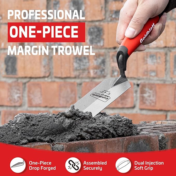 Goldblatt RED Margin Trowel, 6" x 2" Upgraded Ground Blade, Professional Masonry Tools, Heavy Duty One-Piece Forging, Durable High Carbon Steel, Soft Handle, for Spreading Mortar, Trimming Corners