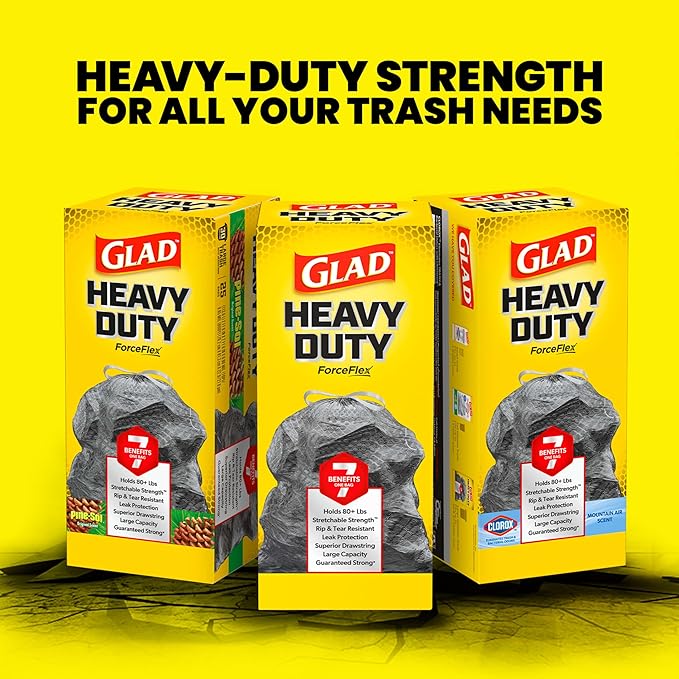Glad Large 30 Gallon Trash Bags, Clorox Mountain Air Heavy Duty Garbage Bags, Forceflex with Drawstring, 25 Count (Packaging May Vary) (Pack of 6)