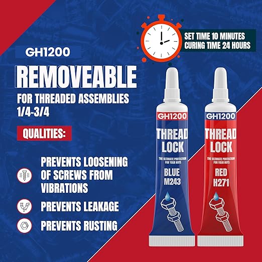 GH1200-6gx2 Pack Thread Lock Medium and Strong Strength for Nuts, Bolts, and Metals, Threadlocker Lock Tight & Seal Fasteners with Stable and Consistent Performance