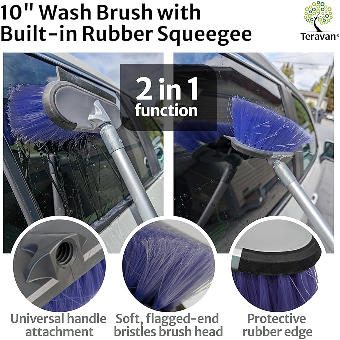 TERAVAN 10" 2 in 1 Water Flow Through Scrub Brush, Car Wash Brush with Built-in Squeegee- Soft Bristle Cleaning Brush for Cars, RVs, Boats, Solar Panels, Patio, Siding, Decks and Windows