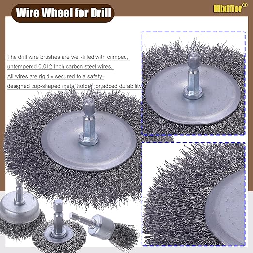 Wire Brush for Drill, 8 Pcs Professional Carbon Steel Wire Wheel, Abrasive Cup Brush 1/4 Inch Hex Shank - Cleaning Rust Attachments