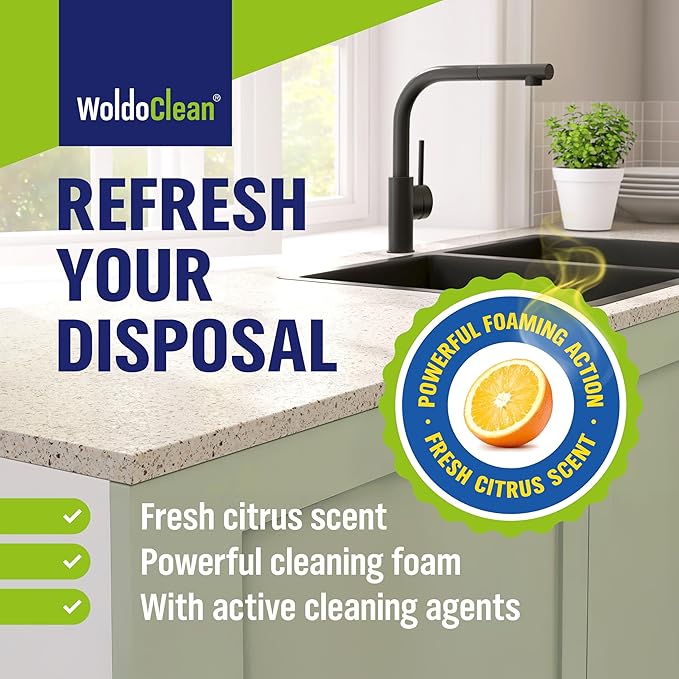 WoldoClean Garbage Disposal Cleaner Tablets - 24 Pack, Sink Drain Cleaner and Deodorizer, Fresh Citrus Foaming Action for Deep Kitchen Cleaning