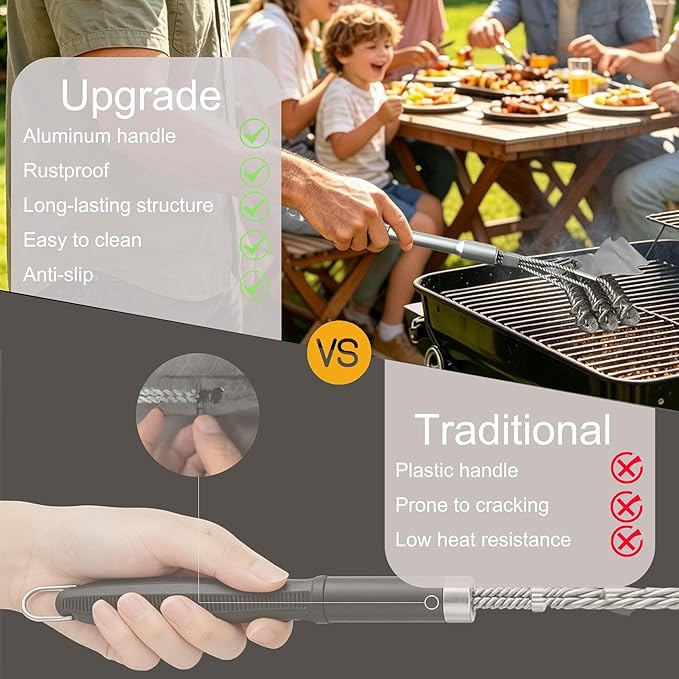 Grill Brush with Scraper - Stainless BBQ Grill Cleaning Brush for Gas/Charcoal Grill, Detachable Handle Grill Brush for Outdoor Grill, Camping & Backyard, Grill Accessories for BBQ Enthusiast