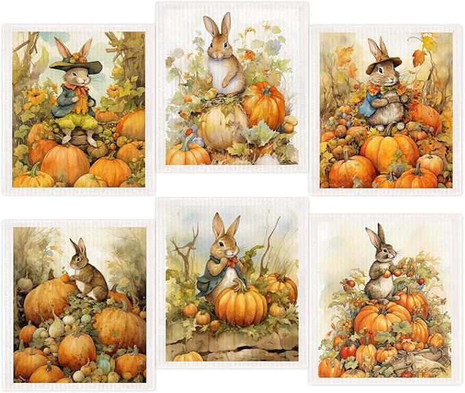 Fall Pumpkin Swedish Dishcloths for Kitchen 6 Pack Bunny Autumn Cellulose Sponge Cloths Non Scratch Reusable Paper Towels No Odor, Biodegradable and Reusable Kitchen Dish Rags