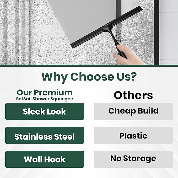 All-Purpose Shower Squeegee with Hook & Screwdriver, Non-Slip Handle, Premium Steel Core, Streak-Free Blade – 11-Inch Glass Cleaner for Shower Doors, Windows, Car Glass & Bathroom