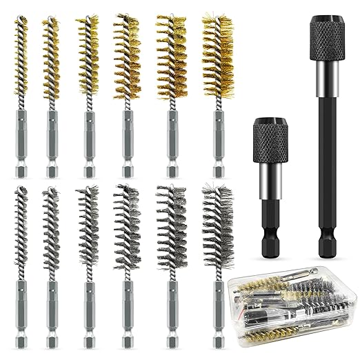 14-Piece Bore Brush Set - 304 Stainless Steel & Brass Drill Wire Bore Cleaning Brushes - 1/4" Hex Shank with Extension Bar for Power Drills, Impact Drivers, Grinders (8/10/12/15/17/19 mm)