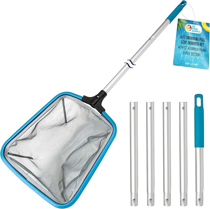 U.S. Pool Supply Swimming Pool 6-Foot Long Leaf Skimmer Net with 13" Aluminum Frame & Pole Sections - 5" Deep Ultra Fine Mesh Netting Bag Basket for Fast Cleaning of the Finest Debris, Clean Spas Pond