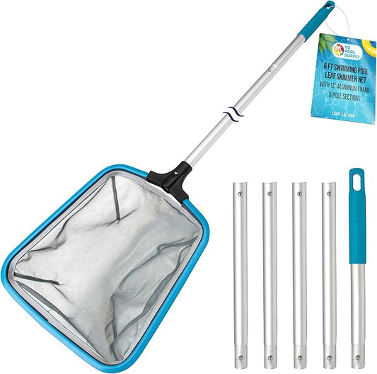 U.S. Pool Supply Swimming Pool 6-Foot Long Leaf Skimmer Net with 13" Aluminum Frame & Pole Sections - 5" Deep Ultra Fine Mesh Netting Bag Basket for Fast Cleaning of the Finest Debris, Clean Spas Pond