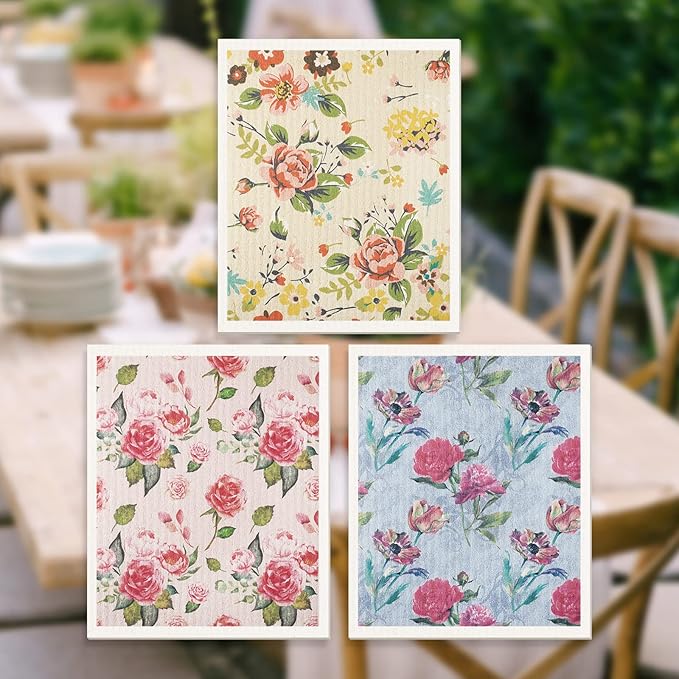 Chengu 6 Pcs Swedish Kitchen Dish Cloths, Absorbent Quick Drying Reusable Cleaning Cloths, Small Flower Pattern Dish Towels for Kitchen Counter, Sink, and Washing Dishes
