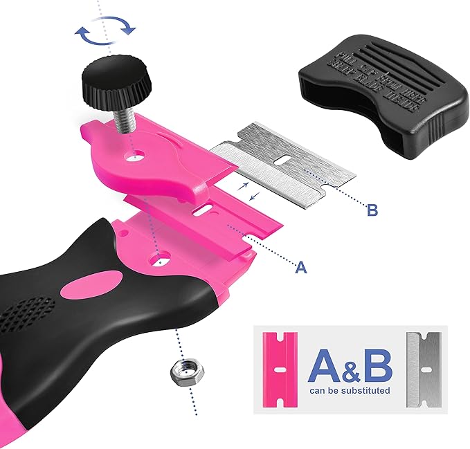 Razor Blade Scraper, Double Edge Razor Scraper Remover Tool with 30 Pcs Razor Blades for Labels Stickers Decals Removal Auto Window Tint Vinyl Tool Application (Pink)